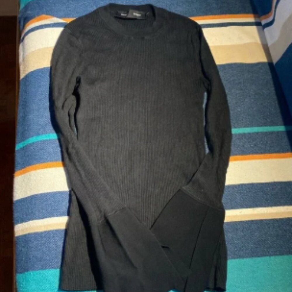 Proenza Schouler black ribbed fitted blouse sweater with flared wrists s…